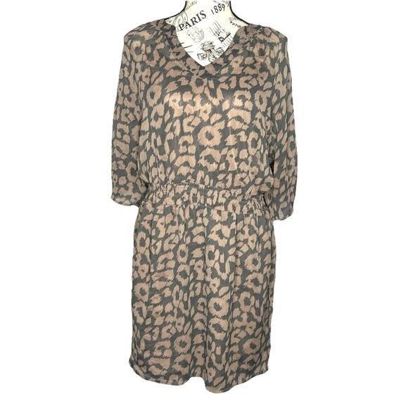 Express SMALL Leopard Animal Print Elastic Waist Roll Tab Sleeve Blouson Dress - Picture 1 of 13